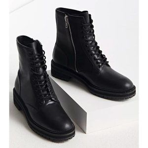 UO Black Leather Utility Black Combat Boots Lace Up Inner Zipper Rugged